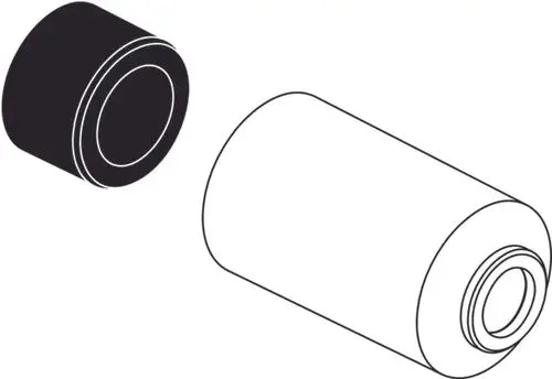 Zwei zylindrische Teile in Schwarz und Weiß, die eine Abdeckhülse oder Umstellung darstellen. Ideal Standard Logo ist auf dem weißen Teil erkennbar.